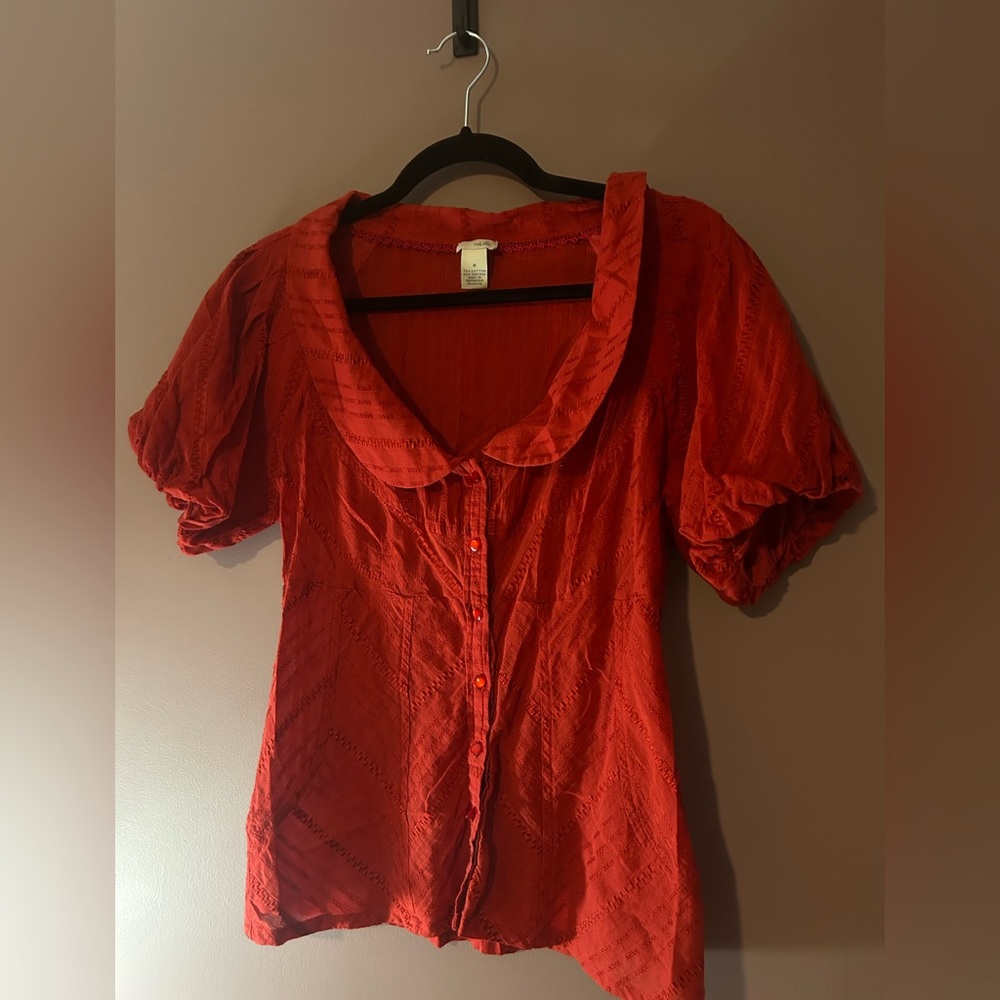 Anthropologie Odille red blouse with puffy sleeves size 8